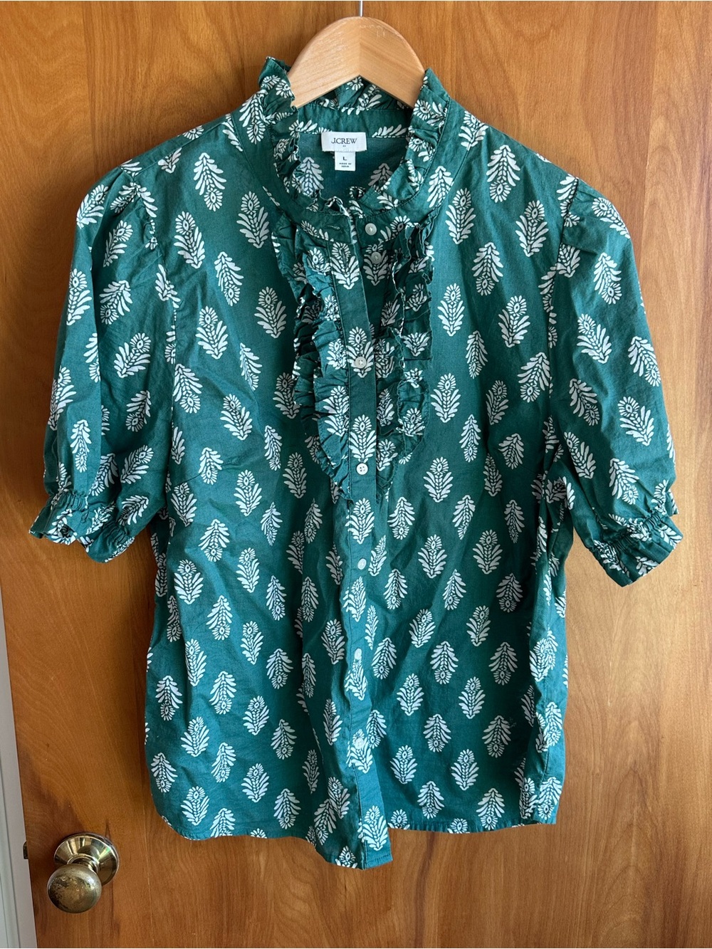 J. Crew Teal Ruffle-Front Short Sleeve Blouse